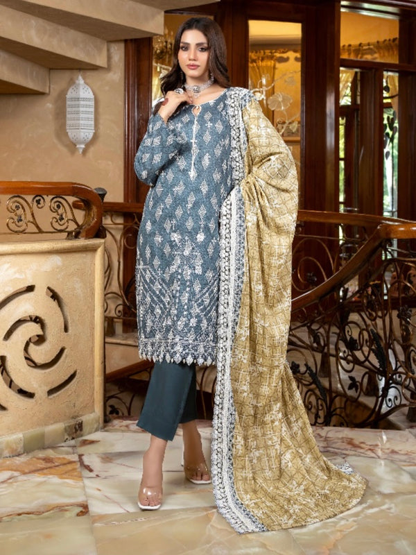 Zesh embroidered 3pc printed cutwork dupata UNSTICHED