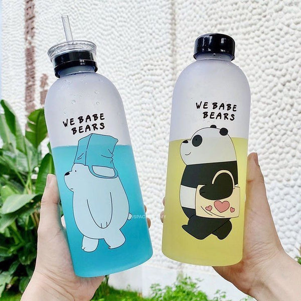 2IN1 DRINKING "WE BABE BEARS" FROSTED WATER BOTTLE WITH 2 CAPS & STRAW 1000ML