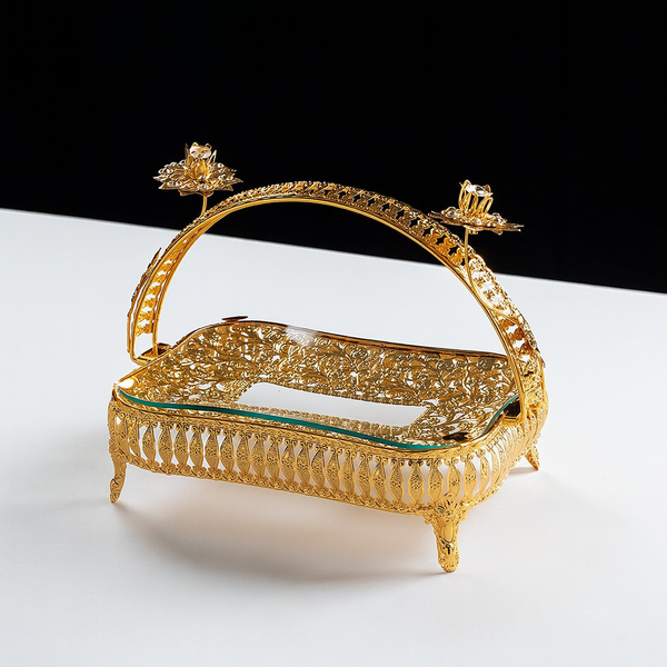 Luxury Gold-Plated Rectangular Serving Tray with Floral Handle – Elegant Decorative Tableware