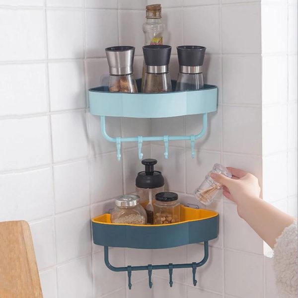 “Wall Mounted Corner Shelf with Hooks – Bathroom & Kitchen Storage Organizer for Toiletries and Accessories”