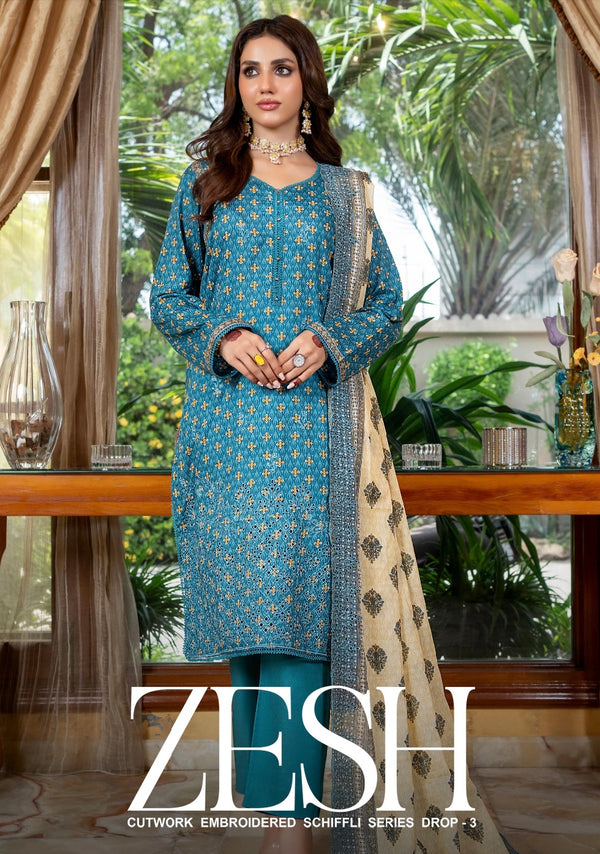 Zesh embroidered 3pc printed cutwork dupata UNSTICHED