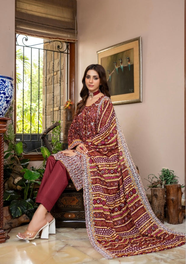 Zesh embroidered 3pc printed cutwork dupata UNSTICHED