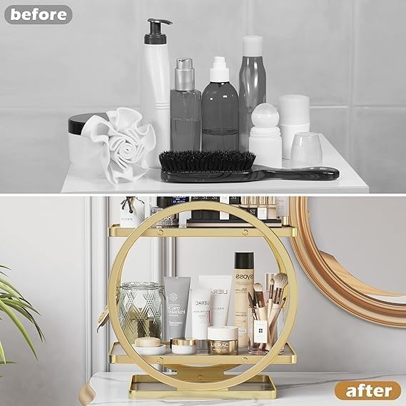 “Luxury Golden Metal Round Shelf – Double Layer Cosmetic & Perfume Organizer for Bathroom and Vanity”