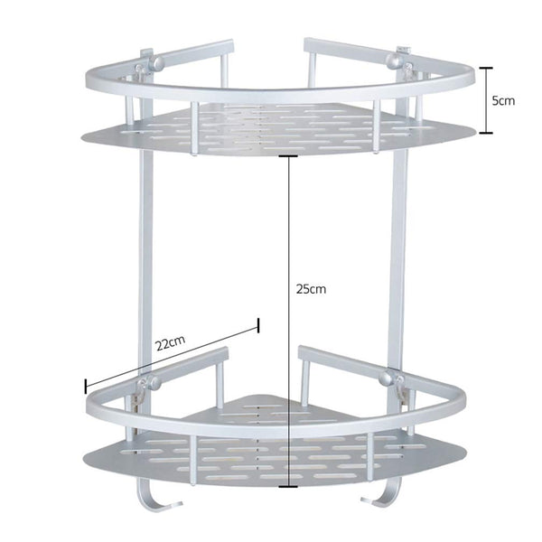 “2-Tier Wall Mounted Aluminum Bathroom Shelf – Shower Storage Rack with Hooks (31.5cm x 14cm x 25cm)”
