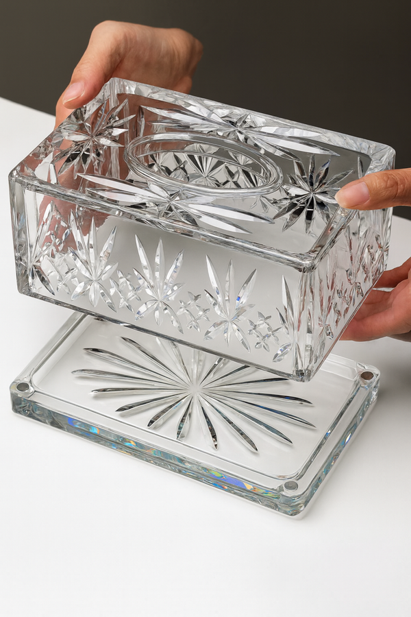 Luxury Crystal Glass Tissue Box Holder – Transparent Cut Design