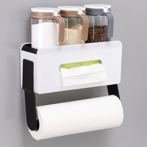 Wall-Mounted Kitchen Storage Rack with Spice Jars, Tissue & Towel Holder