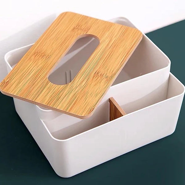 "Modern Tissue Box Holder with Wooden Lid & Organizer Compartment – Minimalist Desk & Home Storage"