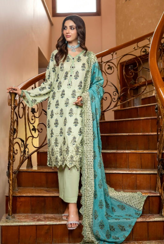 Zesh embroidered 3pc printed cutwork dupata UNSTICHED