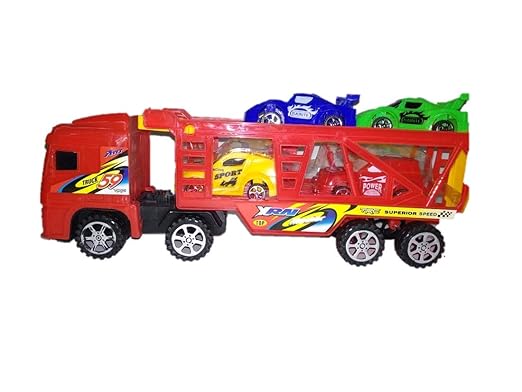 Large Red Toy Car Carrier Truck with Sports Cars