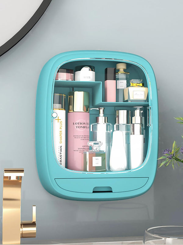 Wall-Mounted Teal/Blue Cosmetic Storage Cabinet with Drawer (Focuses on color and main features)