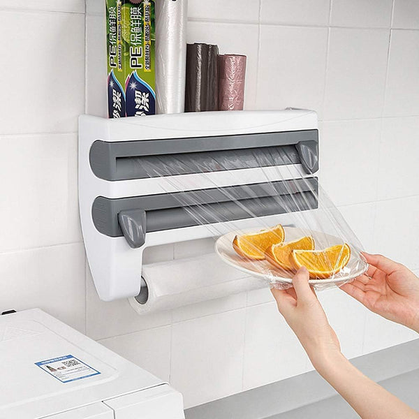 "Space-Saving Kitchen Wrap Organizer and Cutter"