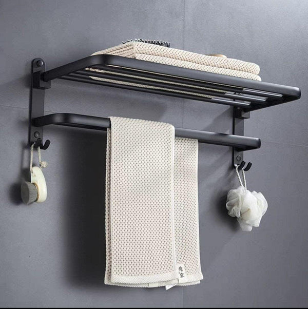 Modern Black Wall-Mounted Towel Rack with Shelf