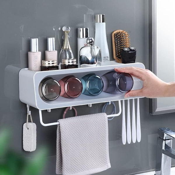Multifunctional Wall-Mounted Bathroom Organizer with Cups and Towel Bar (Detailed and descriptive)