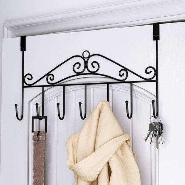 Decorative Wrought Iron Over-the-Door Hook Rack (Detailed and highlights the style/material)