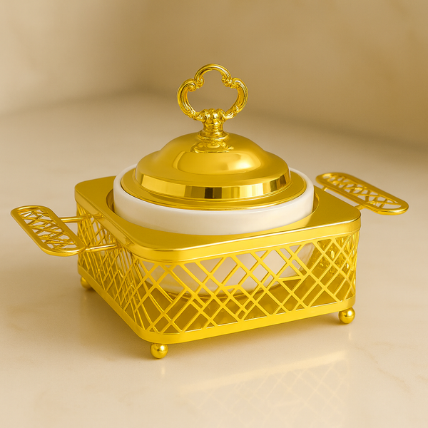 Luxury Gold Lattice Serving Dish with White Ceramic Bowl and Lid – Elegant Tableware