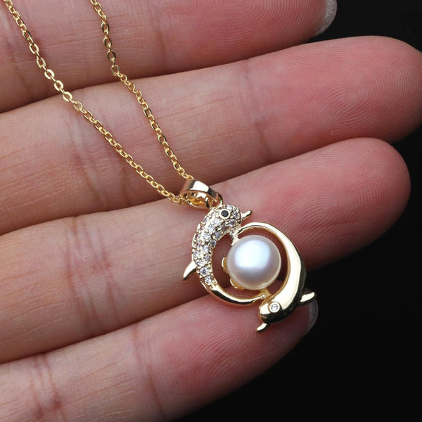 Romantic Dolphin and Pearl Pendant Necklace | Gold Tone Love Charm