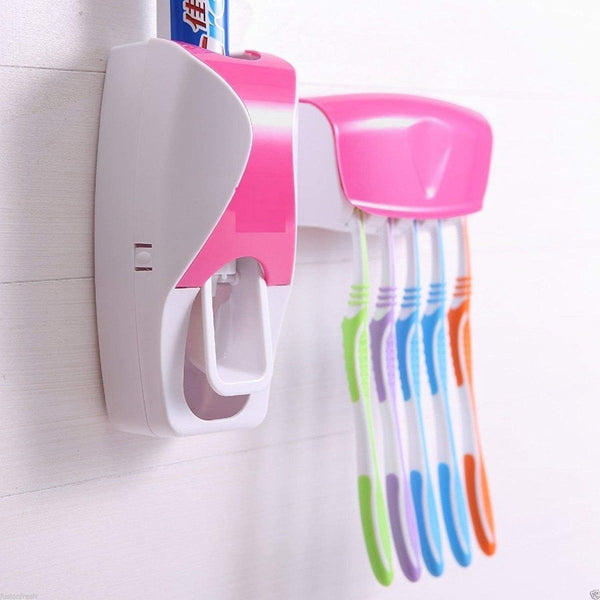 Automatic Toothpaste Dispenser & 5-Slot Toothbrush Holder Combo