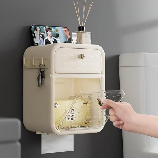 Wall-Mounted Bathroom Storage Cabinet with Drawer and Tissue Holder (Detailed and functional)
