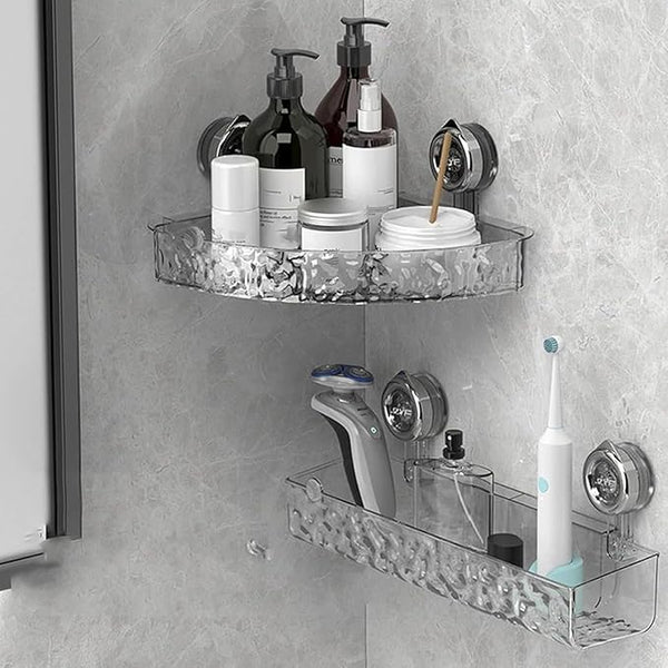 “Wall Mounted Transparent Corner Shelf – Bathroom Storage Organizer for Toiletries & Accessories”
