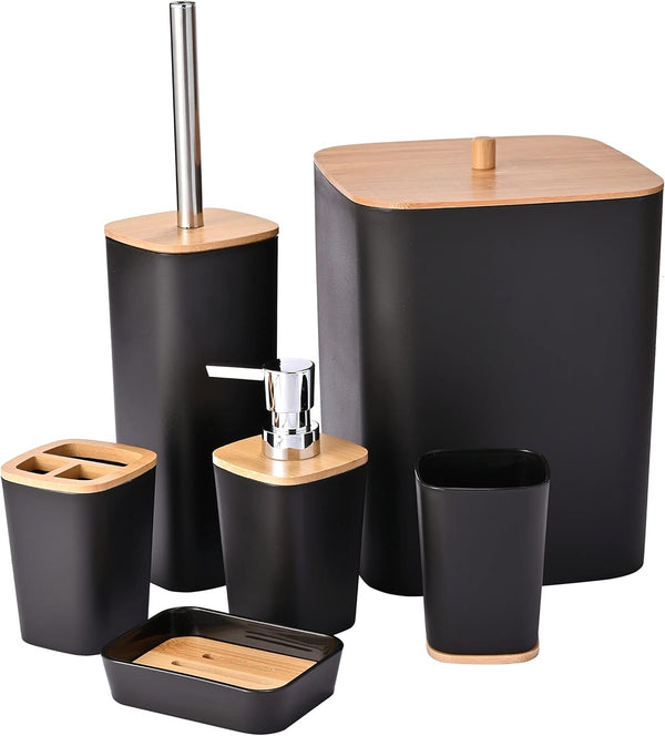Modern Black and Bamboo 6-Piece Bathroom Accessory Set (Detailed and descriptive)