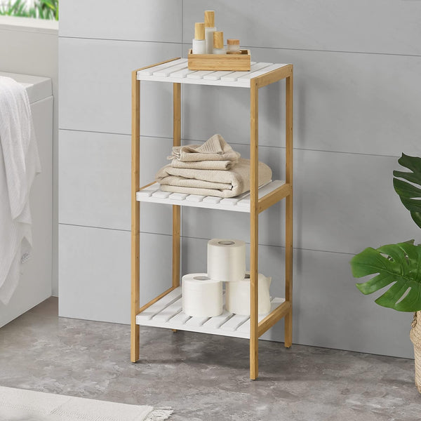 3-Tier Bamboo and White Slatted Storage Shelf (Detailed and descriptive)
