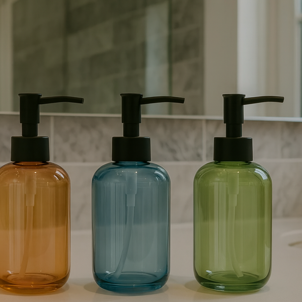 Set of 3 Colorful Refillable Pump Bottles – Amber, Blue & Green