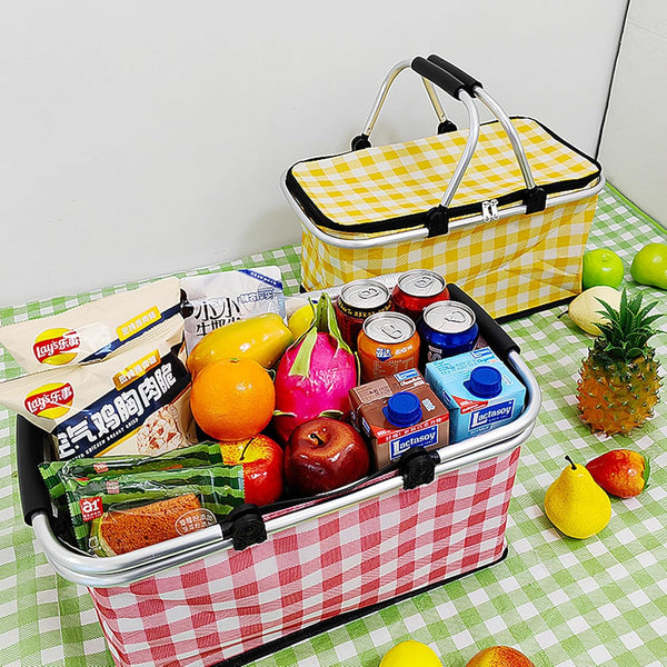 Insulated Gingham/Checkered Folding Picnic Baskets (Set of 3) (Detailed and descriptive)