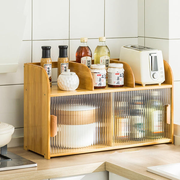 Ribbed Clear Plastic Storage Bin with Wood Handle