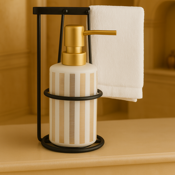 Luxury Gold and White Soap Dispenser with Black Metal Towel Holder