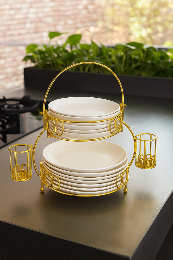 Elegant Two-Tier Golden Plate Stand with Side Holders
