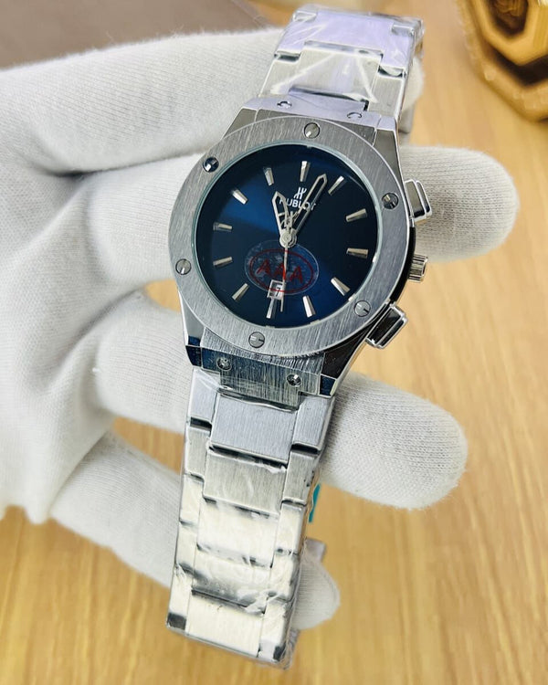 NEW ARRIVAL AT ATIF WATCHES  HUBLOT (HEAVY CHAIN)  STAINLESS STEEL CHAIN  DATE WORKING   BUTTERFLY LOCK   IN NEW ATTRACTIVE COLOURS