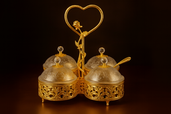 Luxurious Gold-Plated 4-Bowl Serving Set with Heart Handle and Crystal Knobs