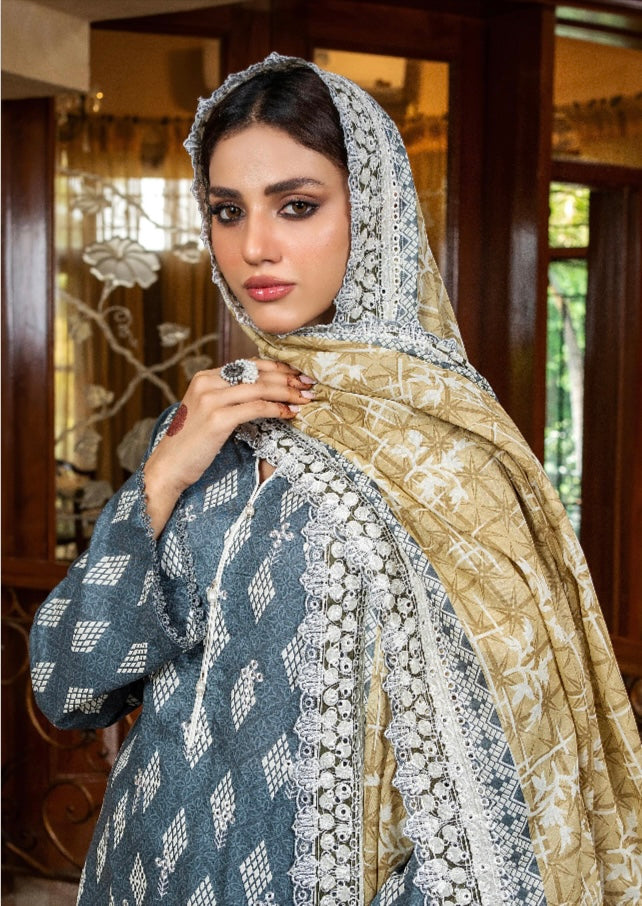Zesh embroidered 3pc printed cutwork dupata UNSTICHED
