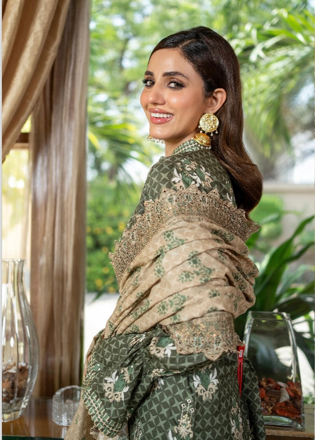 Zesh embroidered 3pc printed cutwork dupata UNSTICHED