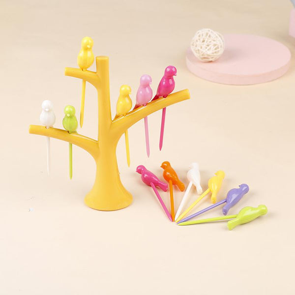 Tree Birds Design Rainbow Plastic Fruit Forks