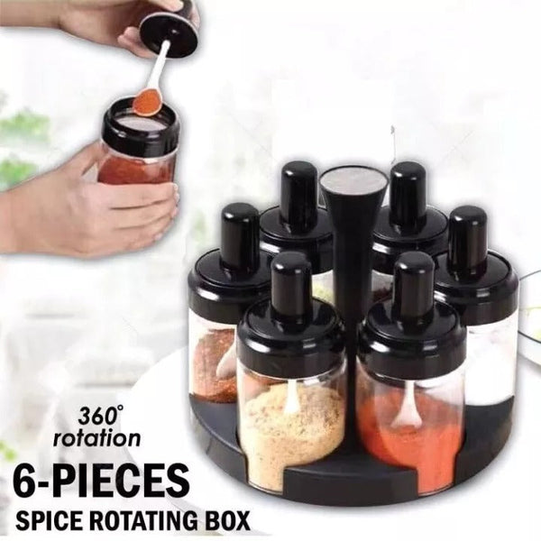 6 Pcs Condiment Spice Jars Revolving Base With Glass Bottle