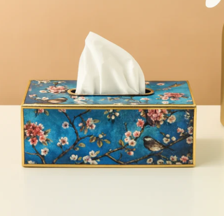 Vintage Floral Bird Tissue Box Cover – Blue Decorative Case