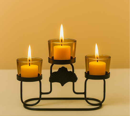 Elegant Triple Votive Candle Holder – Black Metal with Amber Glass Cups