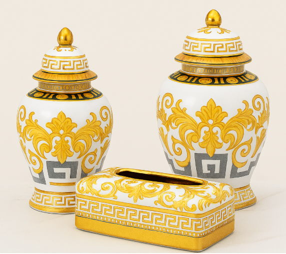 Luxury Baroque Style Gold Porcelain Ginger Jar & Tissue Box Set
