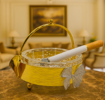 Luxury Crystal Glass Ashtray with Golden Handle & Butterfly Design