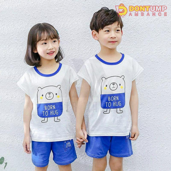 Summer Super Comfy Cotton Breathable T-shirt + Shorts Blue And White Born To Hug Print