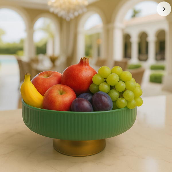 "Modern Green Ceramic Fruit Bowl with Golden Base – Elegant Kitchen & Dining Table Décor"