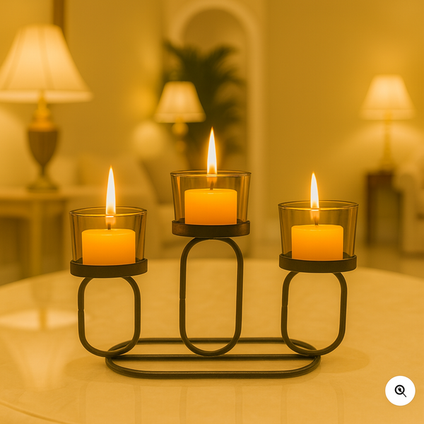 "Modern Black Metal Candle Holder with 3 Glass Votive Cups"