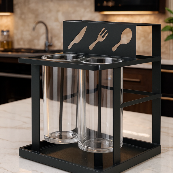 "Modern Black Metal Utensil Holder with Dual Glass Containers – Kitchen Countertop Organizer"