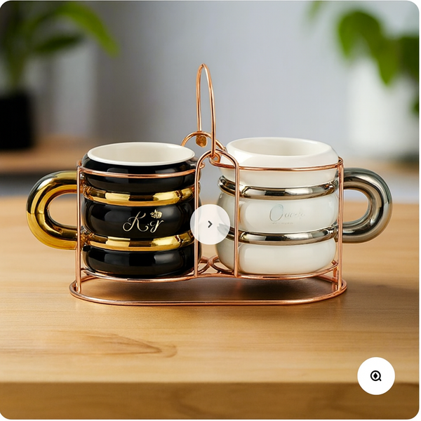 "Luxury His & Queen Ceramic Mug Set with Rose Gold Holder – Black & White Couple Coffee Cups"