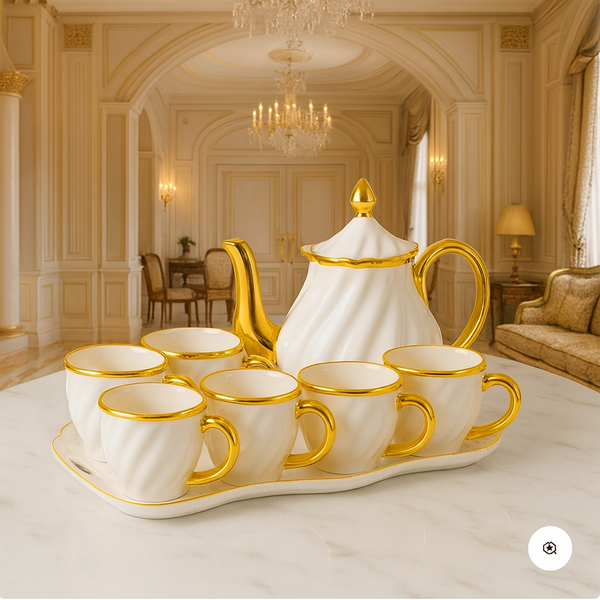 "Luxury Porcelain Tea Set with Golden Accents – Elegant Teapot & 6 Cup Set with Tray"