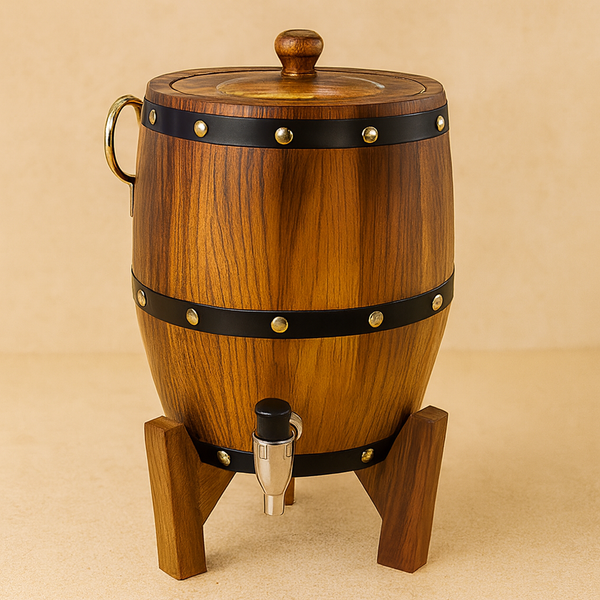 "Rustic Wooden Barrel Beverage Dispenser with Stand & Tap – Vintage Drink Server"