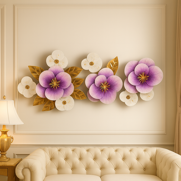 Luxury 3D Floral Wall Art – Purple Flowers with Golden Leaves