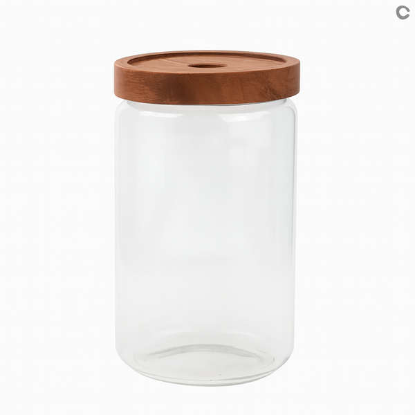 “Transparent Glass Storage Jar with Wooden Lid – Airtight Kitchen Container”
