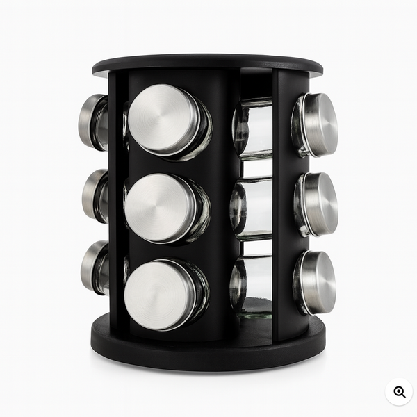 “Rotating Spice Rack with 12 Glass Jars – Modern Kitchen Organizer”